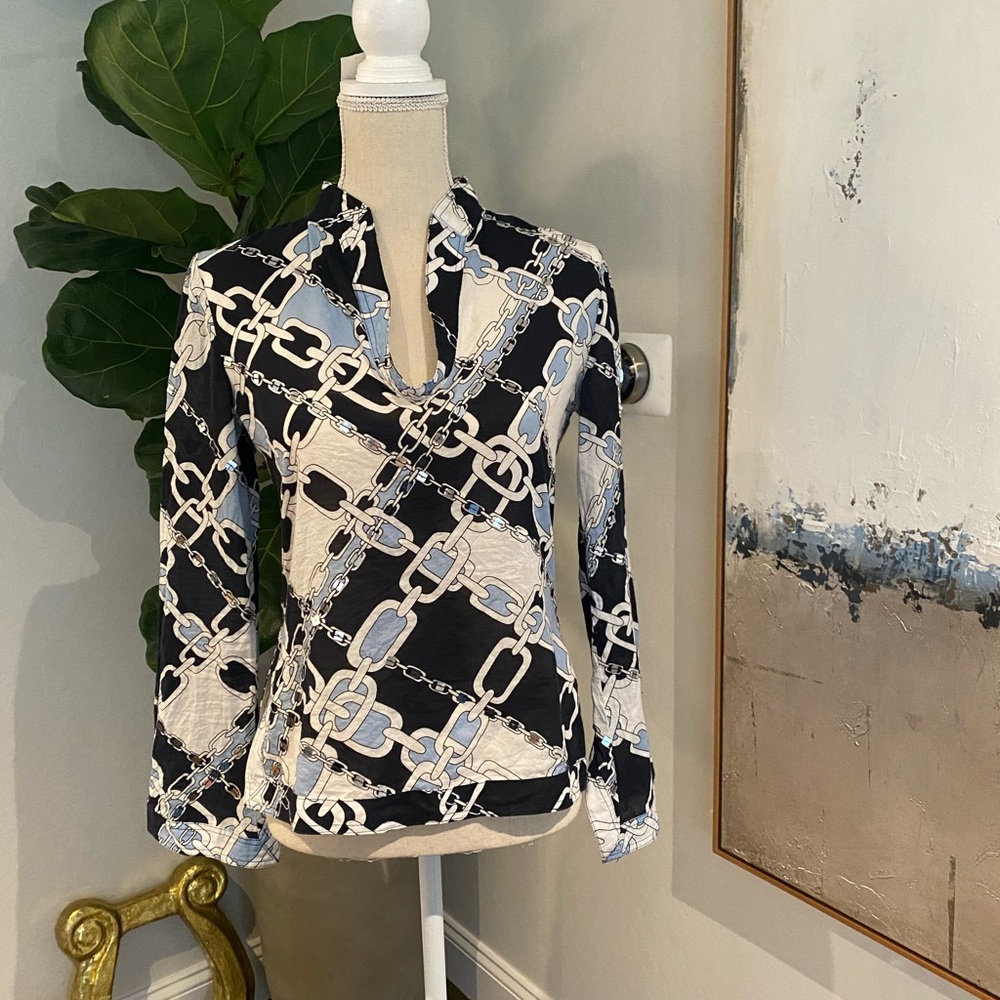 Blue and white well-designed tunic by Tory Burch